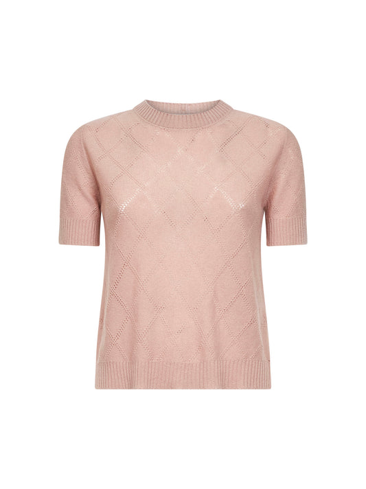 Pink openwork diamond-stitch knit cashmere button-up sweater