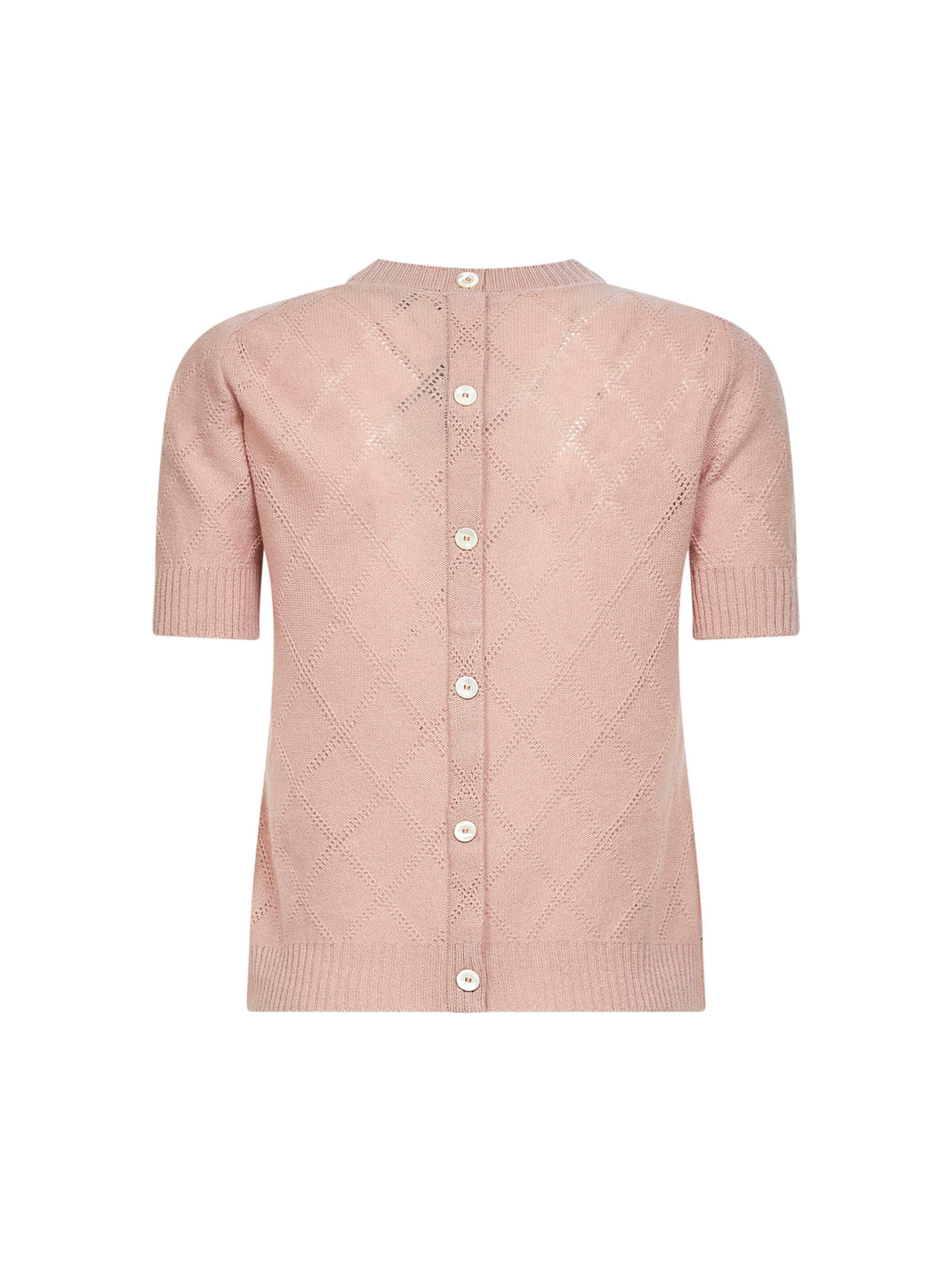 Pink openwork diamond-stitch knit cashmere button-up sweater