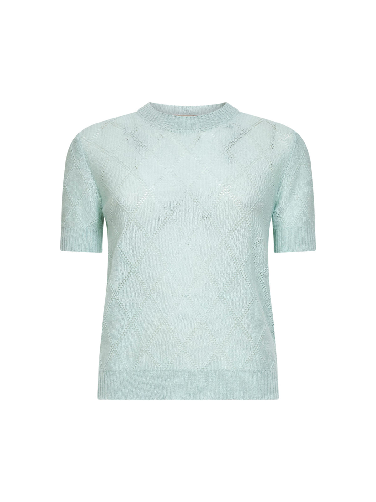 Green openwork diamond-stitch knit cashmere button-up sweater