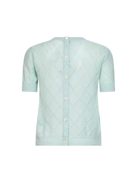 Green openwork diamond-stitch knit cashmere button-up sweater
