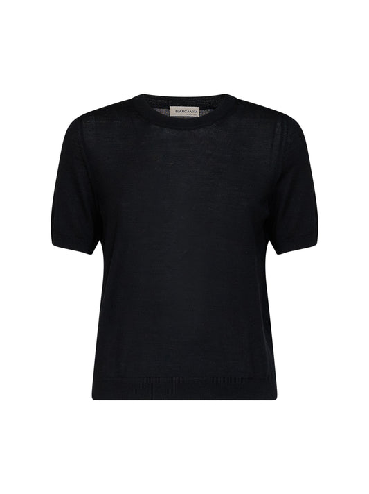 Black lightweight wool knit short-sleeved sweater