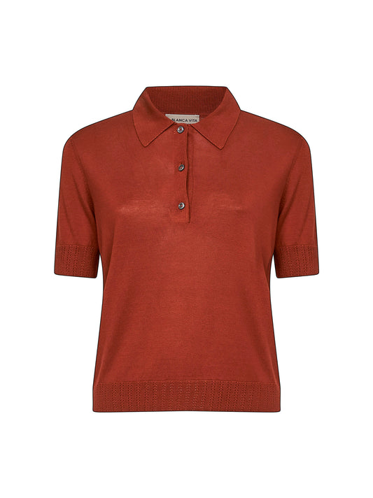 Brown silk knit short-sleeved polo shirt