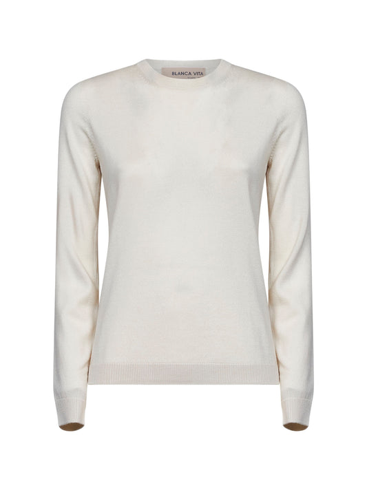 Beige lightweight virgin wool crewneck sweater