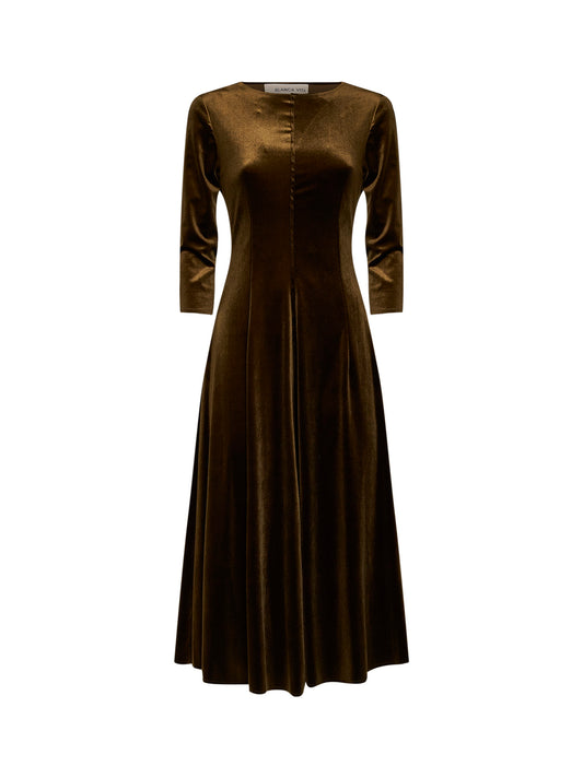 Olive stretch velvet Asia flared midi dress