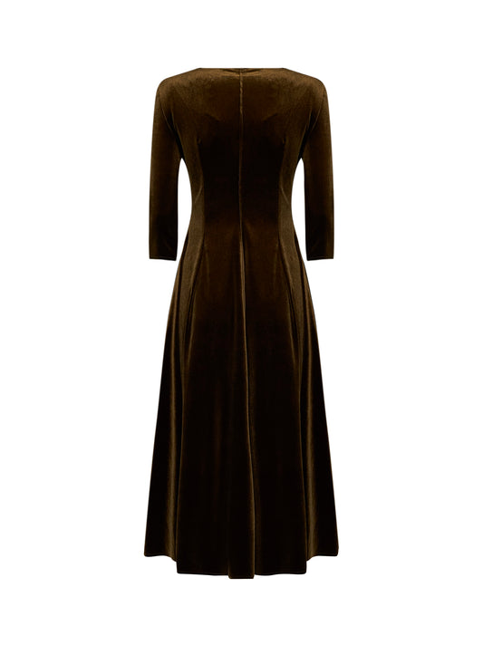Olive stretch velvet Asia flared midi dress