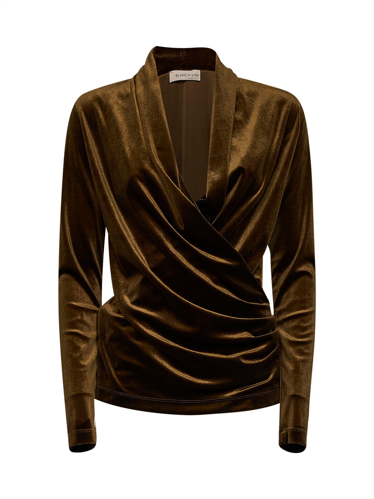 Blusa incrociata e drappeggiata Bajer in velluto stretch oliva