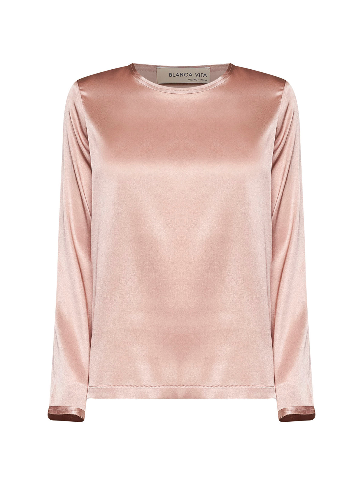 Amethyst pink stretch silk satin long-sleeved T-shirt
