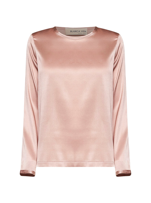Amethyst pink stretch silk satin long-sleeved T-shirt