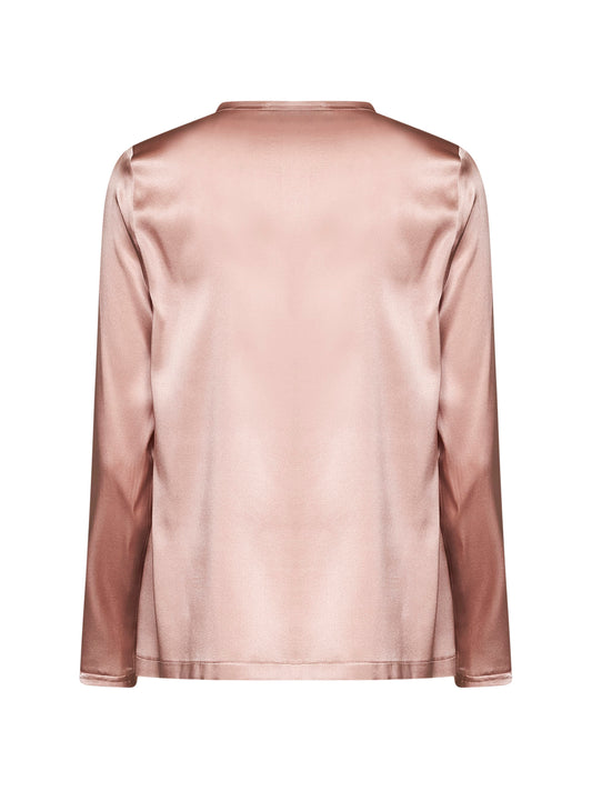 Amethyst pink stretch silk satin long-sleeved T-shirt