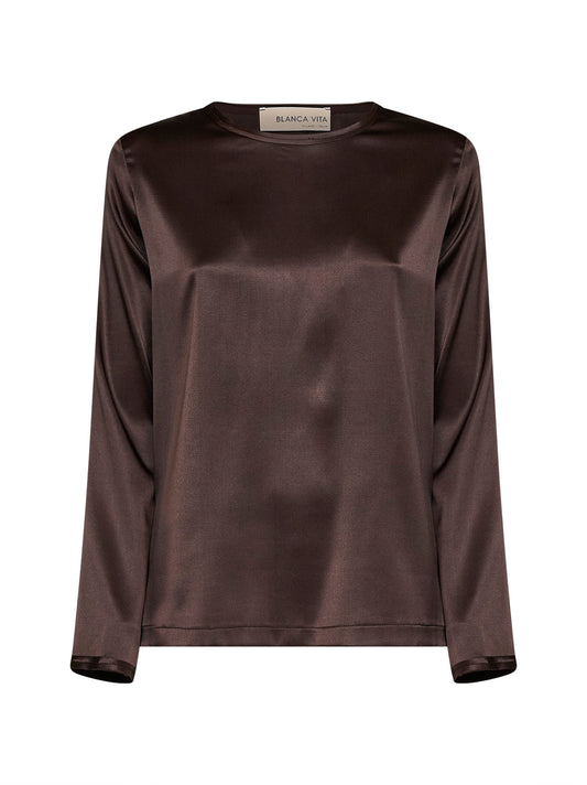 Mocha stretch silk satin long-sleeved T-shirt