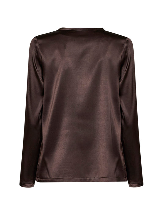 Mocha stretch silk satin long-sleeved T-shirt