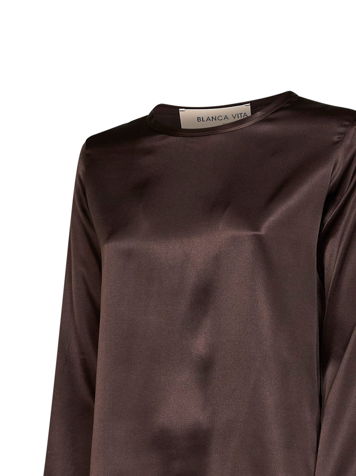 Mocha stretch silk satin long-sleeved T-shirt