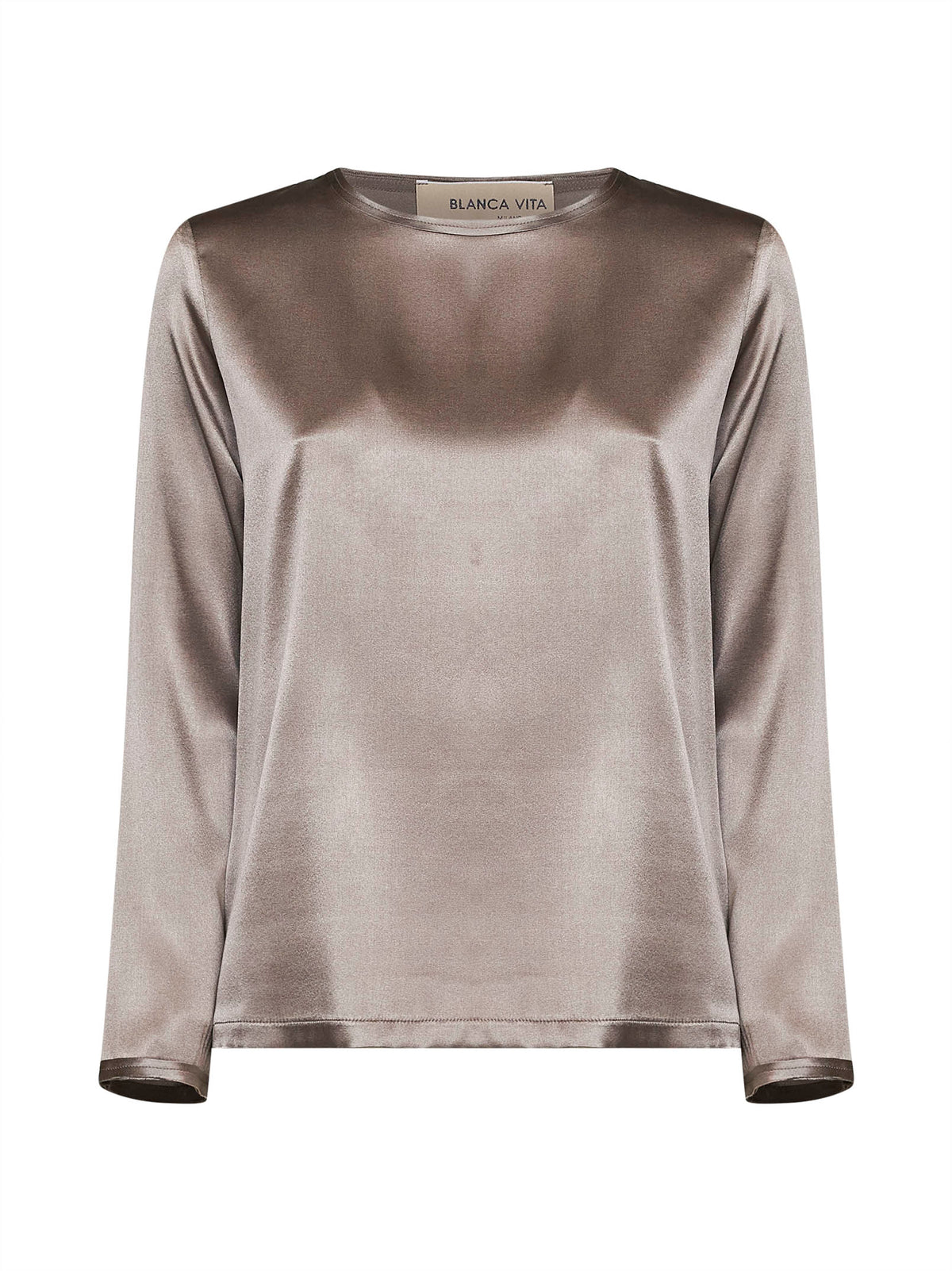 Taupe stretch silk satin long-sleeved T-shirt