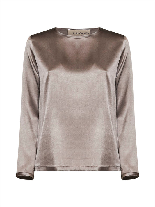 Taupe stretch silk satin long-sleeved T-shirt
