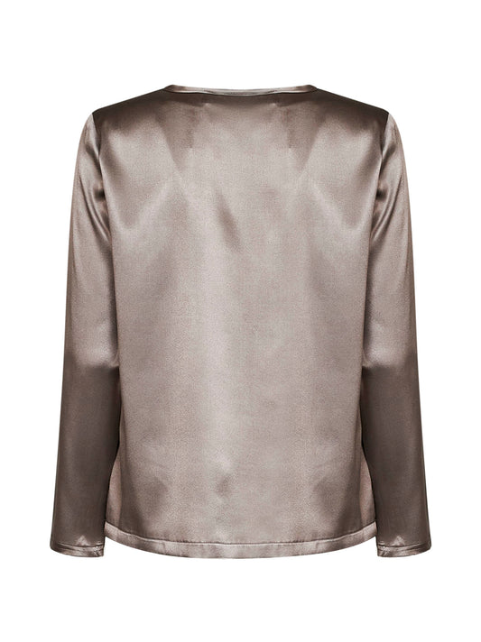 Taupe stretch silk satin long-sleeved T-shirt
