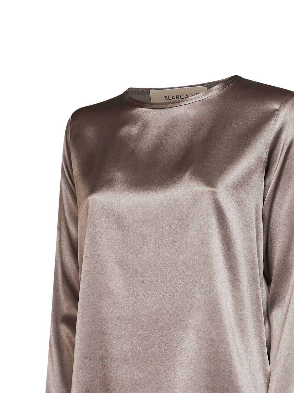 Taupe stretch silk satin long-sleeved T-shirt