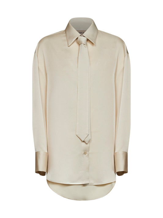 Cream envers satin Colga oversized shirt with tie