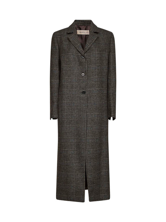 Navy Prince of Wales check Cujten single-breasted long coat