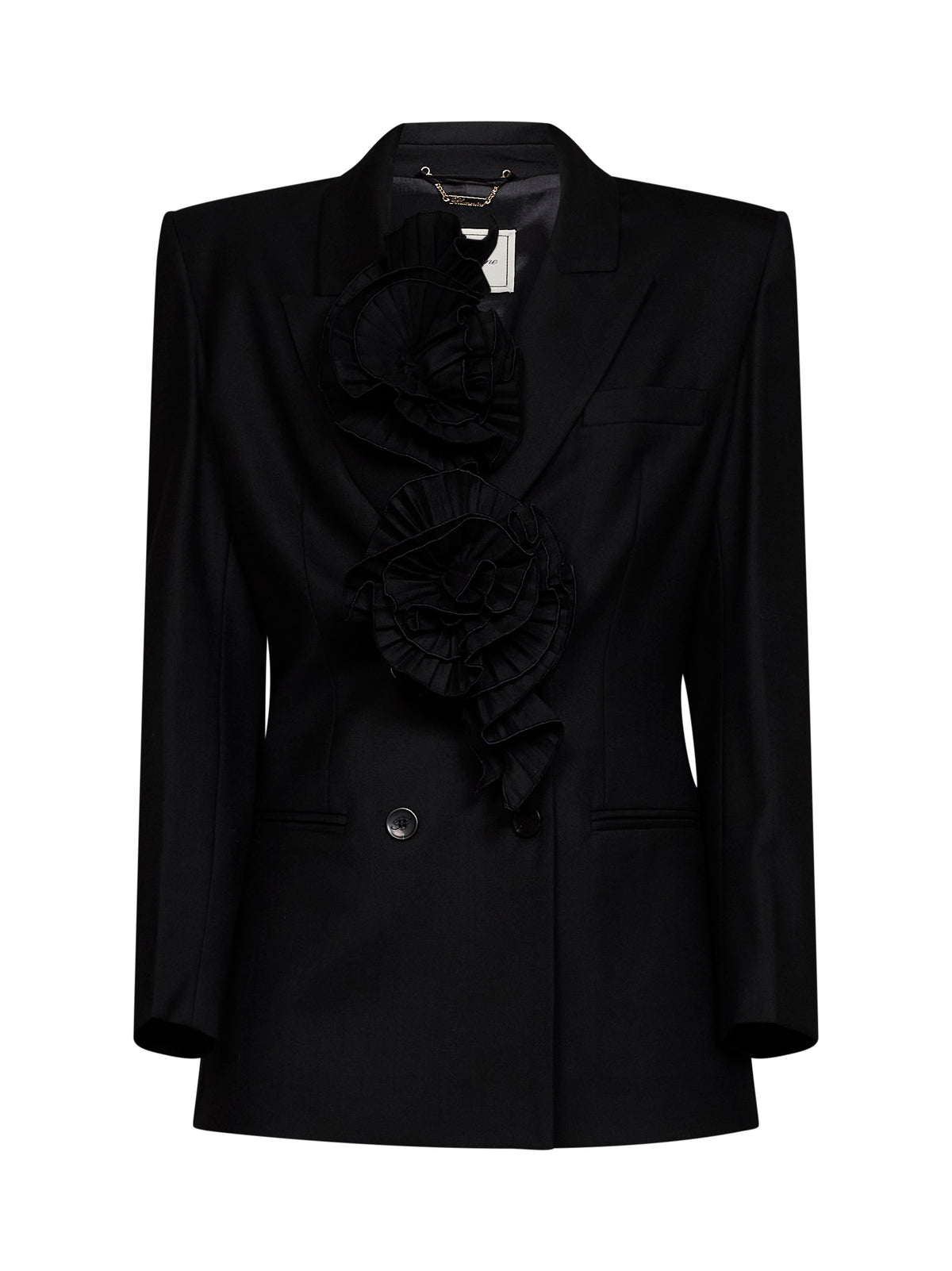 Blazer doppiopetto in misto lana nera con rose 3D