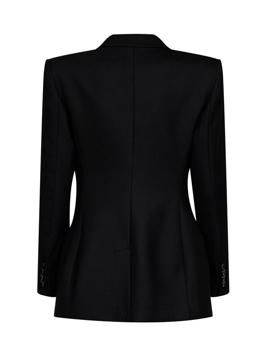 Black wool-blend double-breasted blazer with 3D roses