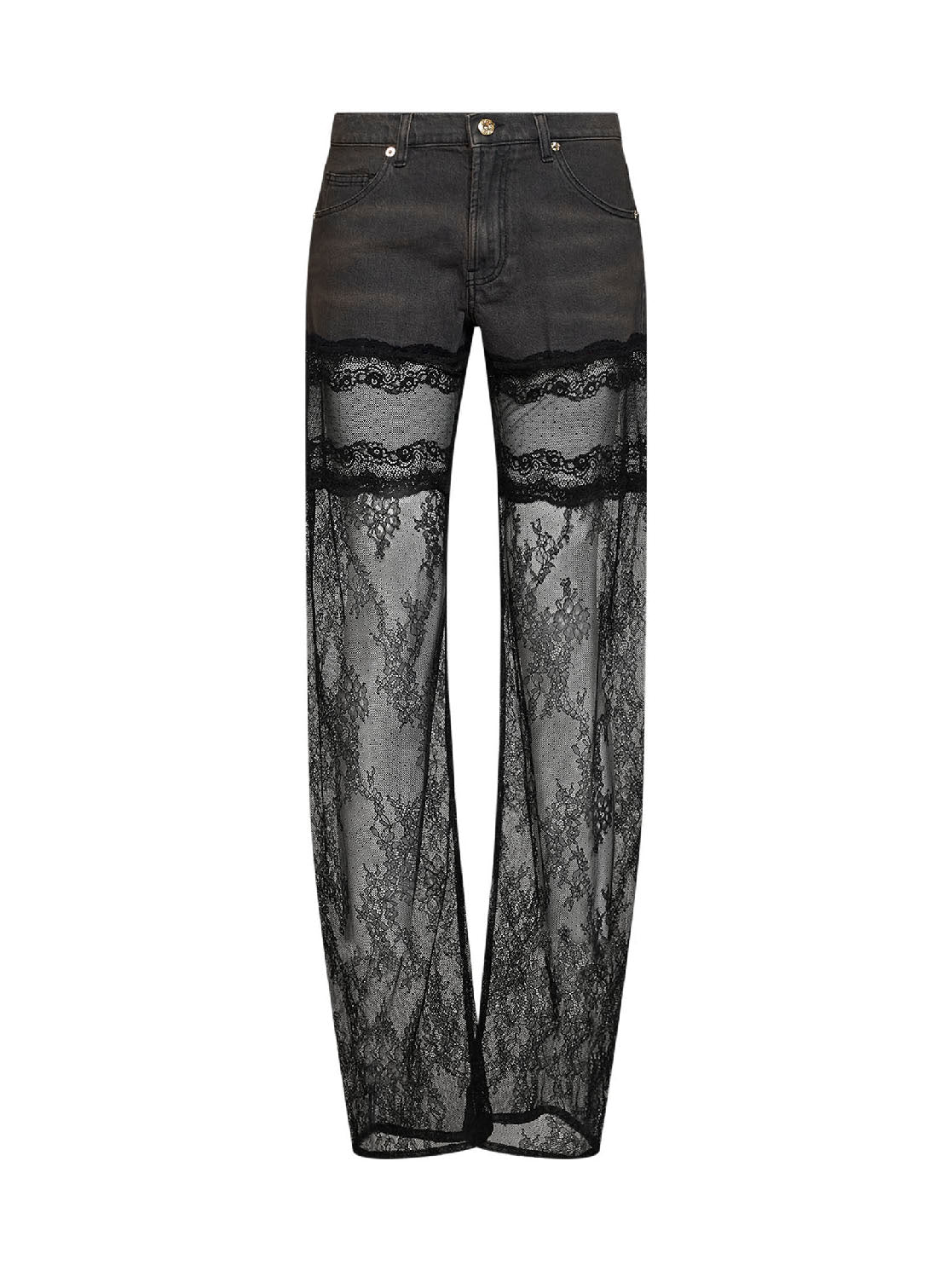 Jeans dritti in denim grigio e pizzo see-through