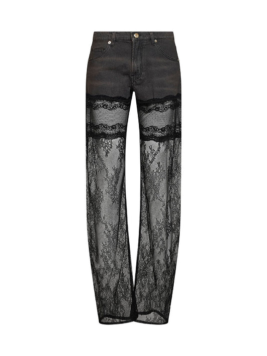 Grey denim and see-through lace straight-leg jeans
