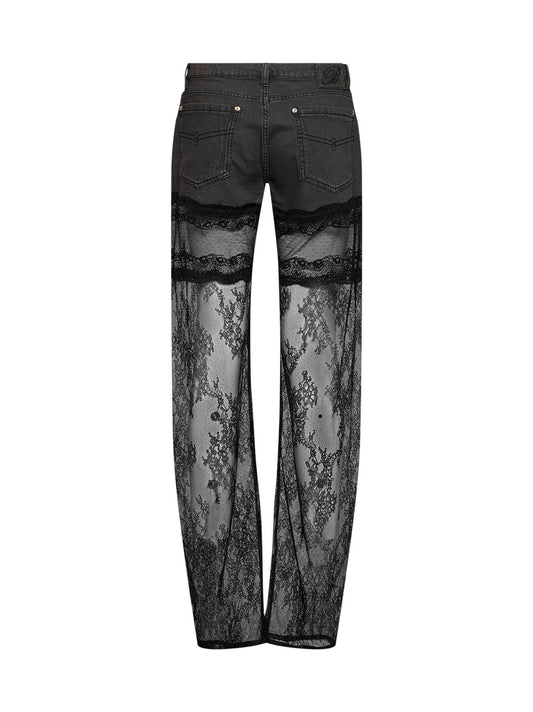 Grey denim and see-through lace straight-leg jeans
