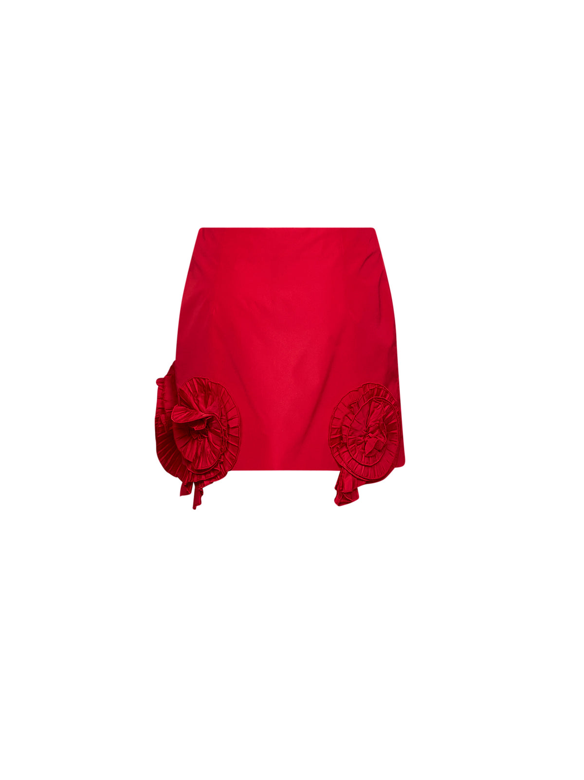 Minigonna in taffetà rosso con rose 3D