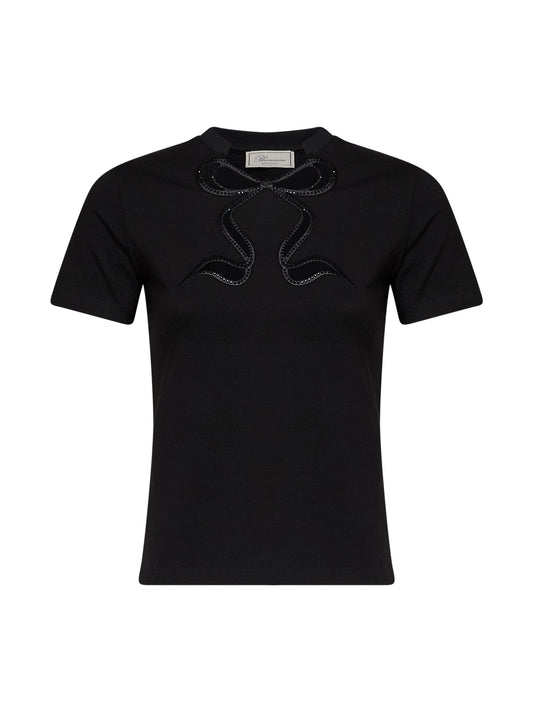Black stretch jersey T-shirt with rhinestone embroidery