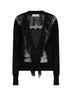Cardigan in lana nera con volant in pizzo