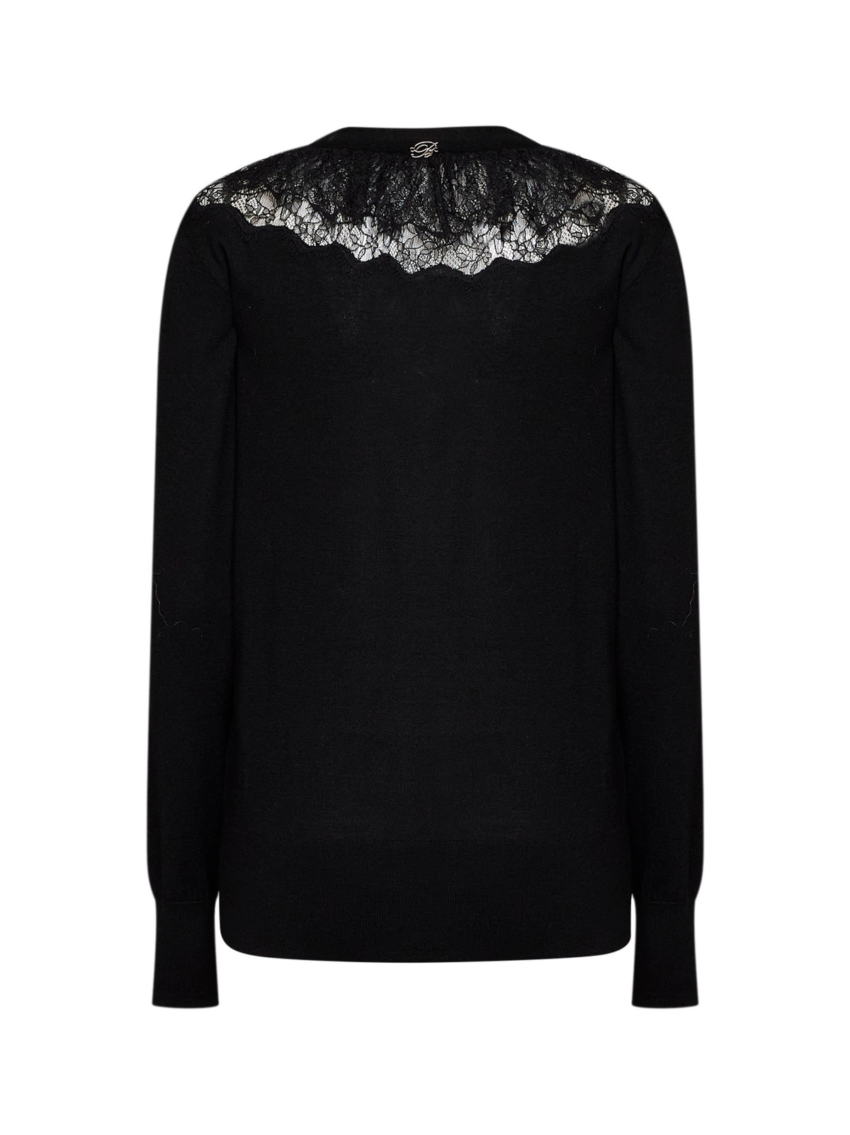 Cardigan in lana nera con volant in pizzo