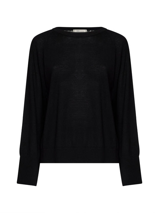 Black wool knit sweater with pleated tulle back