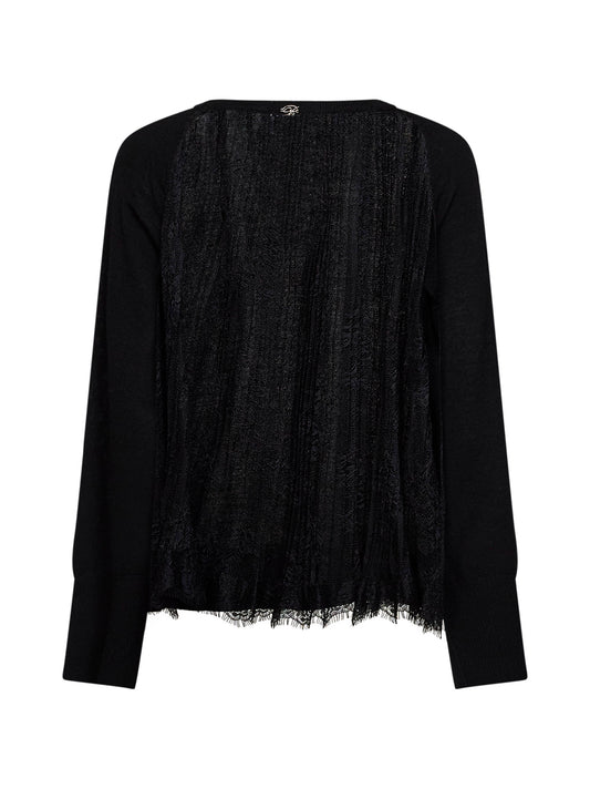Black wool knit sweater with pleated tulle back