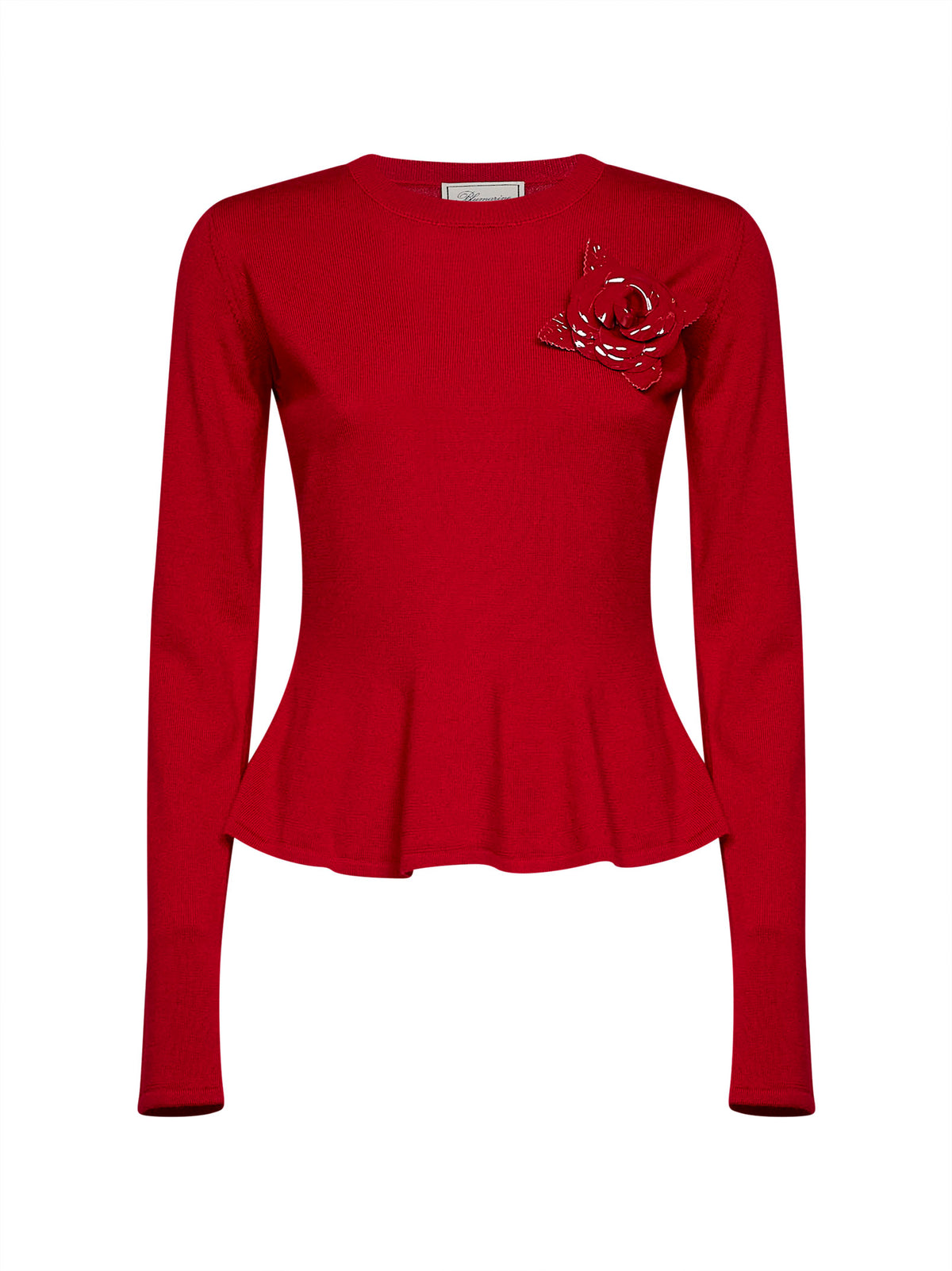 Maglia in lana rossa con spilla a forma di rosa in vernice