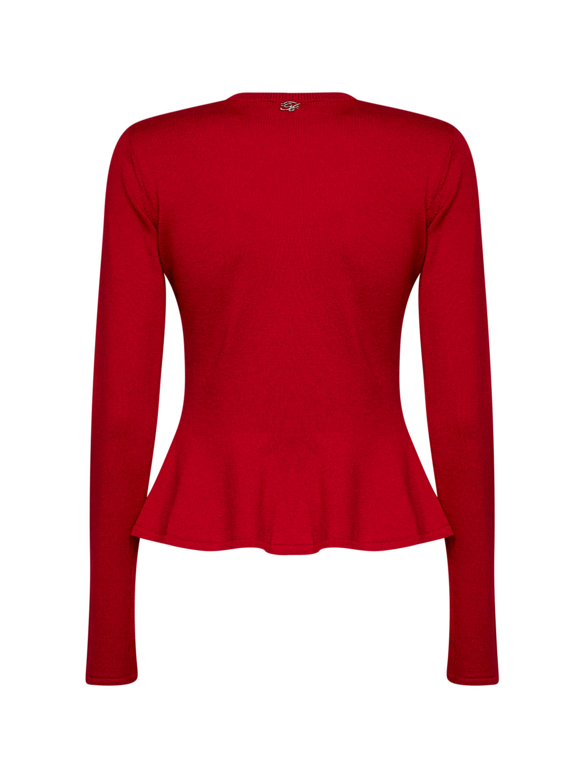 Maglia in lana rossa con spilla a forma di rosa in vernice