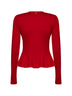 Maglia in lana rossa con spilla a forma di rosa in vernice