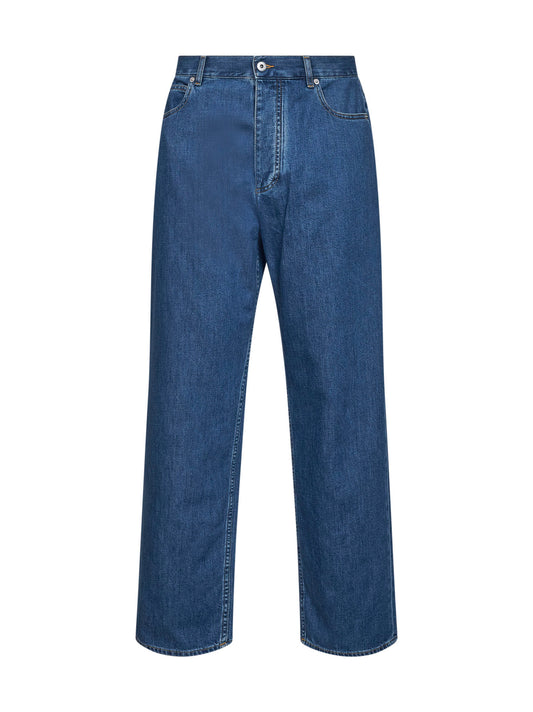 Jeans a gamba ampia in denim di cotone blu medio