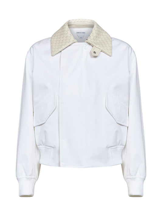White lightweight waterproof cotton jacket with Intrecciato collar