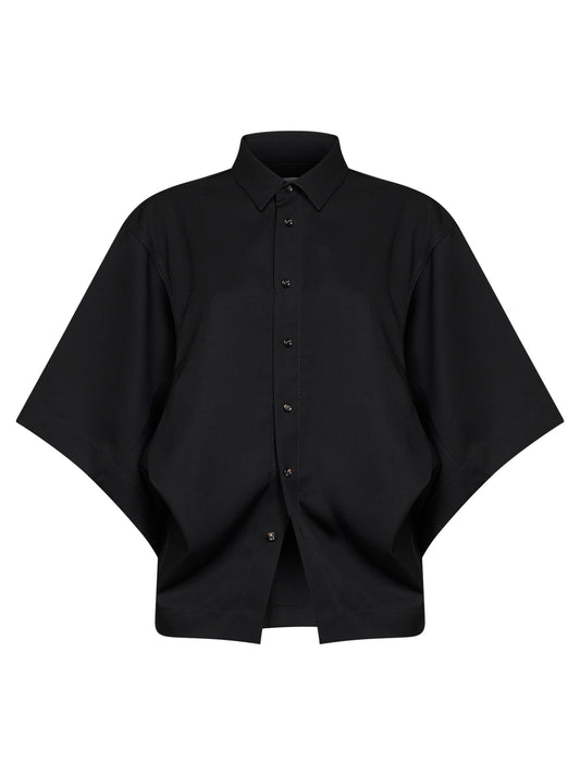 Camicia con drappeggio in twill di lana leggero nero