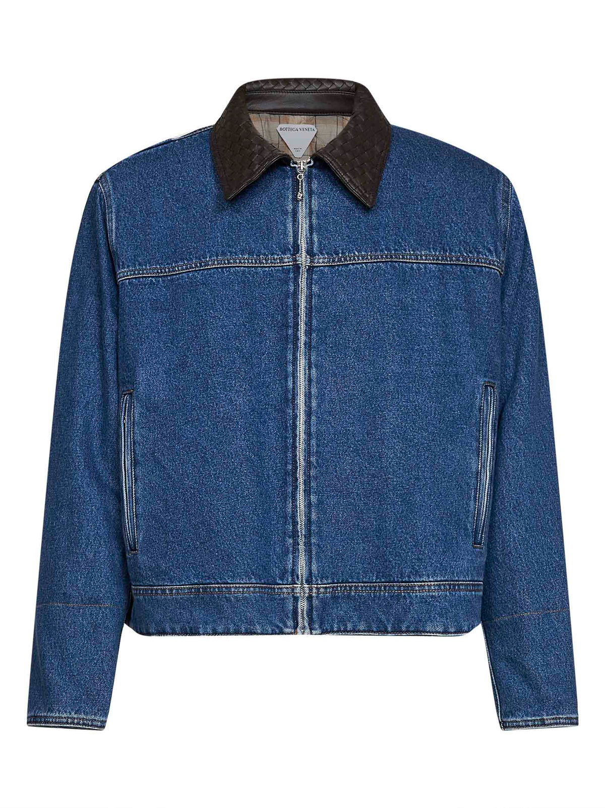 Giacca in denim blu medio con colletto in pelle Intrecciato
