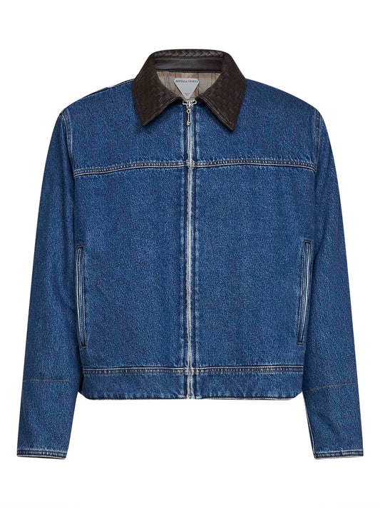 Giacca in denim blu medio con colletto in pelle Intrecciato