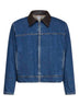 Giacca in denim blu medio con colletto in pelle Intrecciato