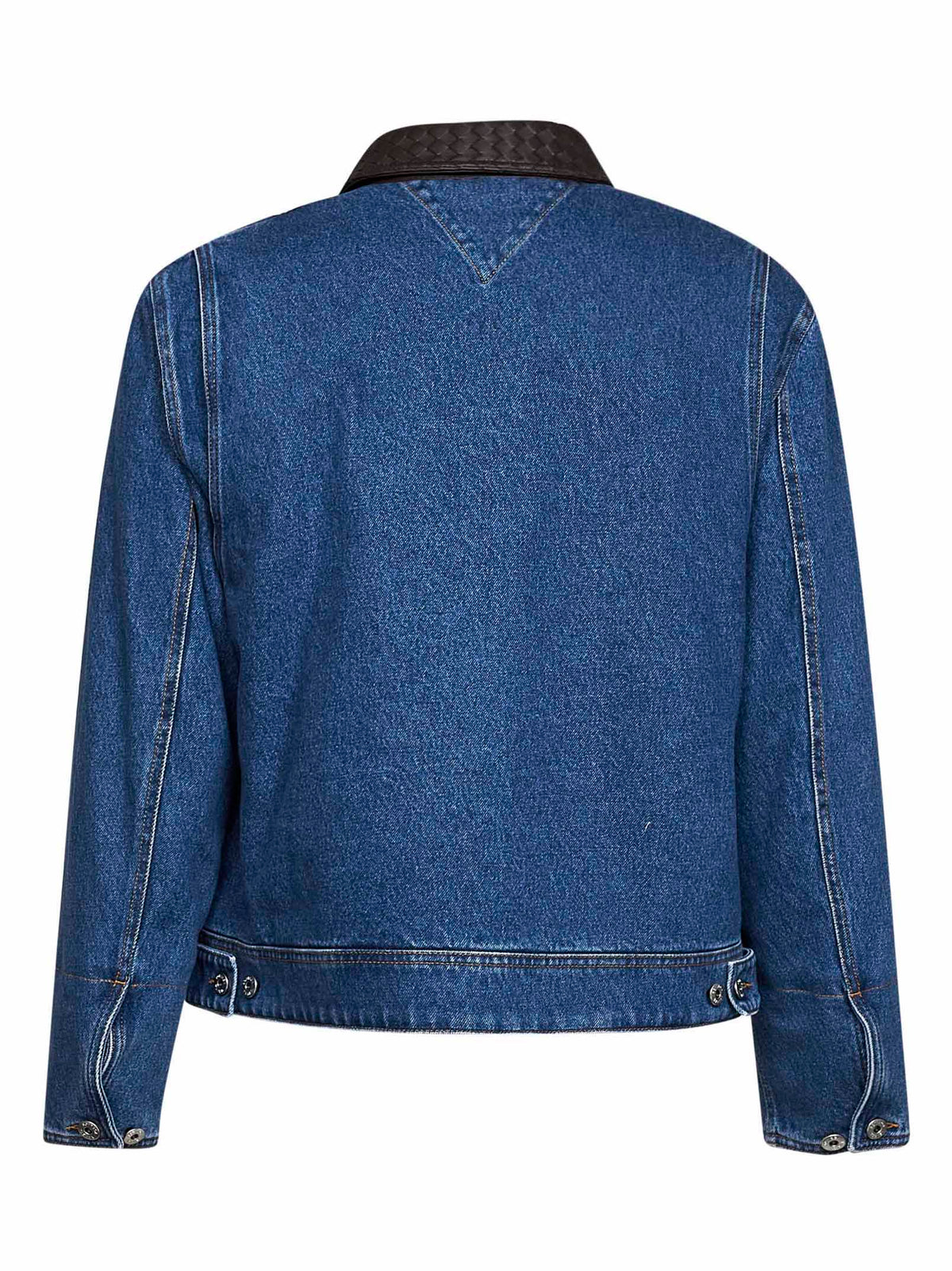 Giacca in denim blu medio con colletto in pelle Intrecciato