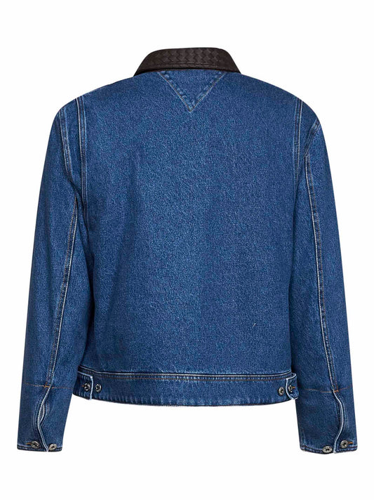 Giacca in denim blu medio con colletto in pelle Intrecciato