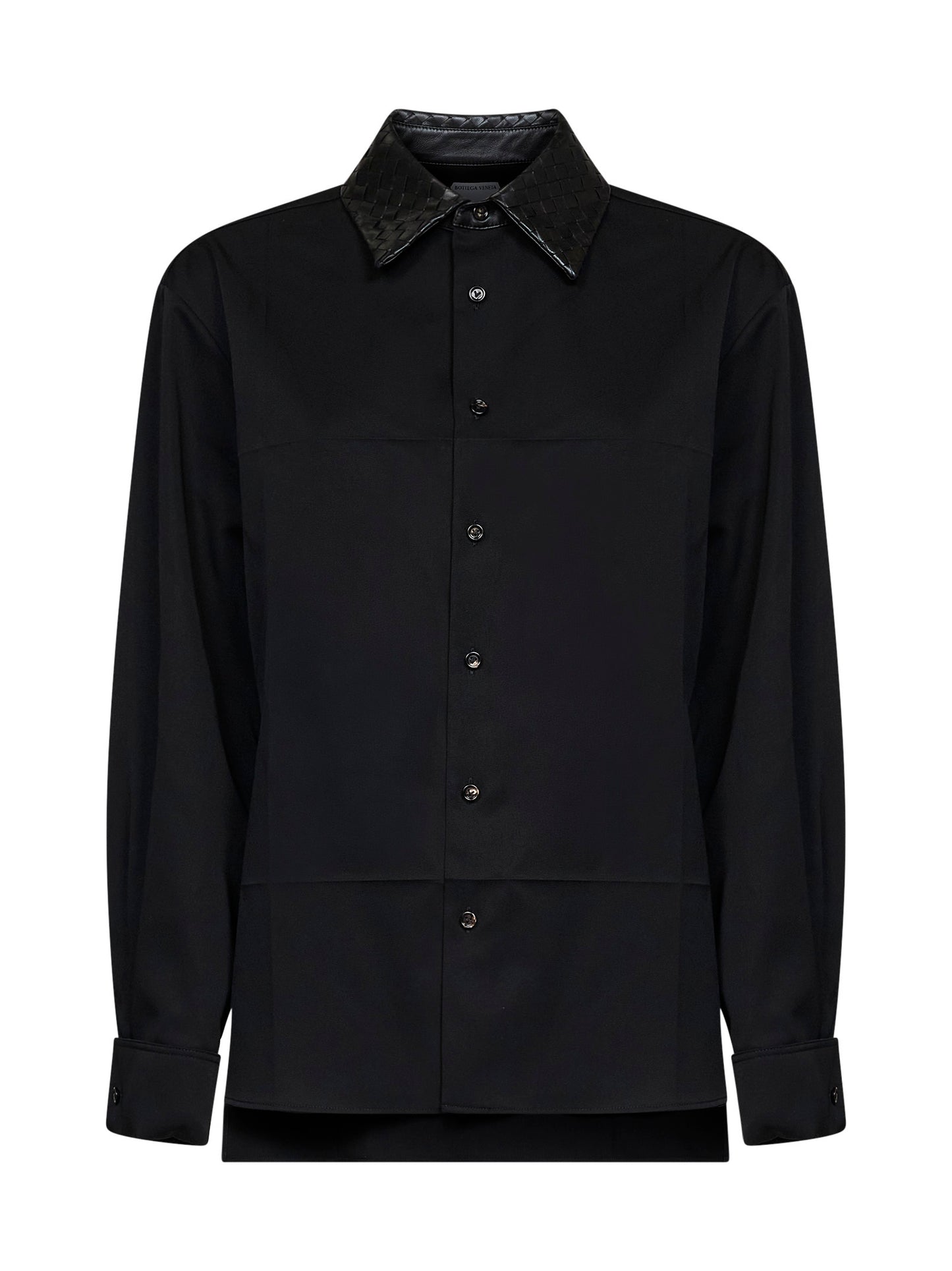 Black wool shirt with Intrecciato leather collar