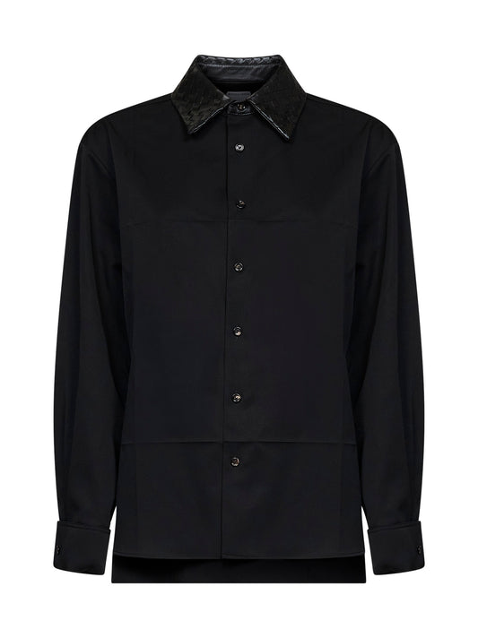 Black wool shirt with Intrecciato leather collar