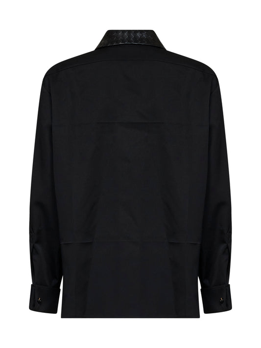 Black wool shirt with Intrecciato leather collar