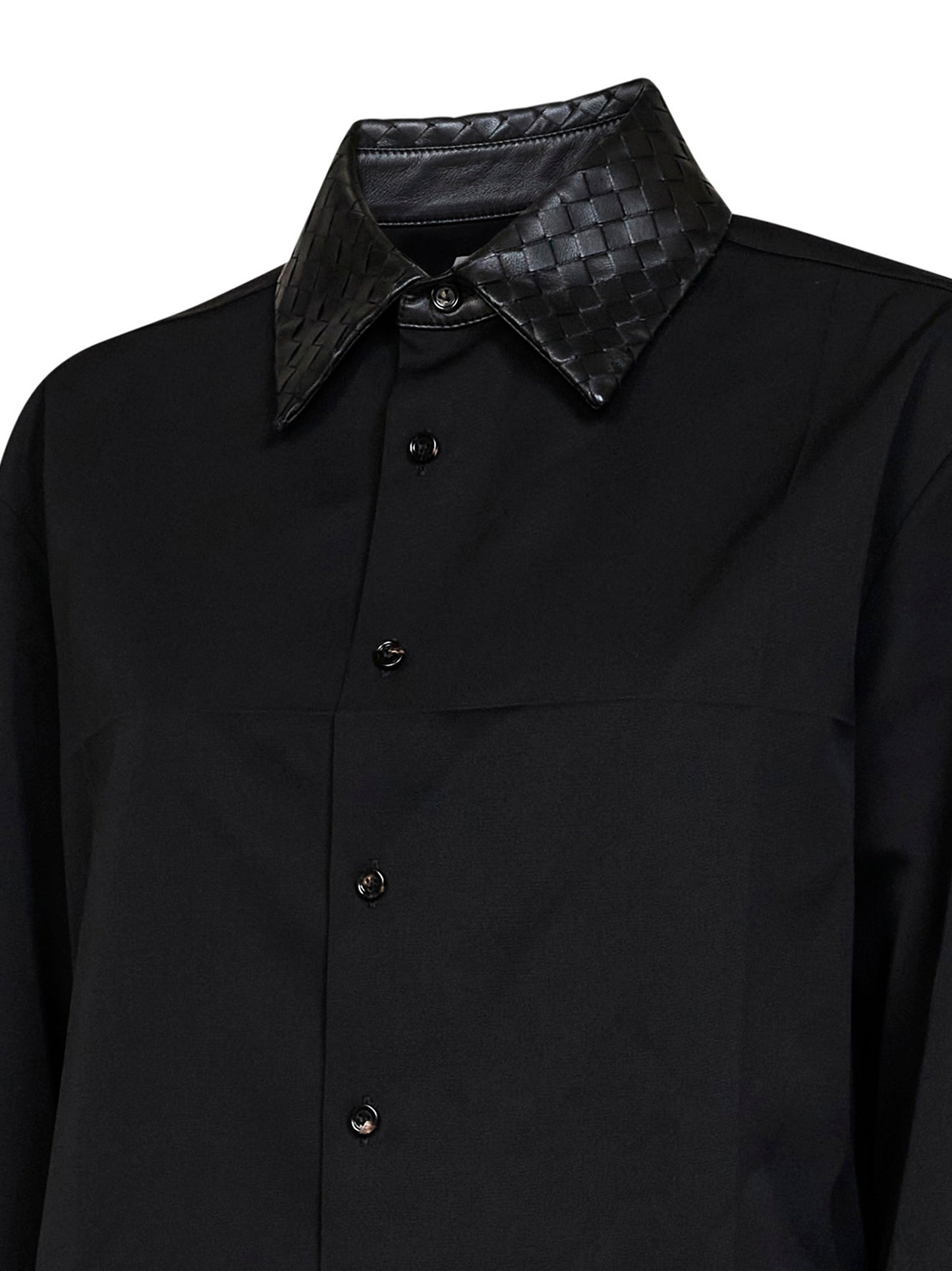 Black wool shirt with Intrecciato leather collar