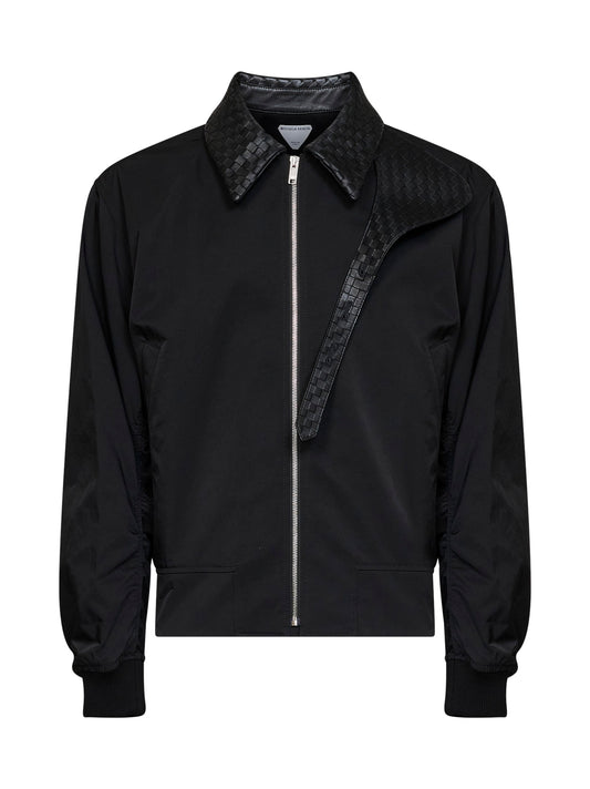 Black cotton blouson with Intrecciato leather collar