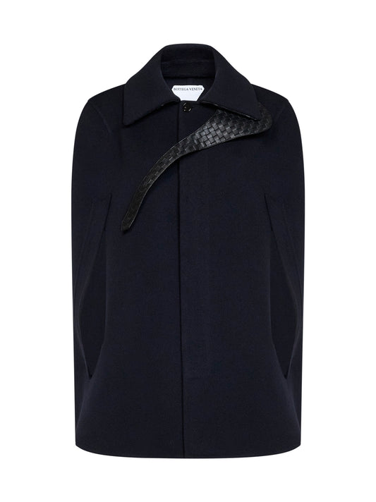 Midnight blue double wool cape with Intrecciato chin strap
